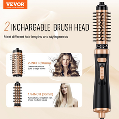 VEVOR Rotating Hair Dryer Brush, Ionic Hot Air Styling Brush with 1.5" and 2" Ceramic Coated Head, 4 in 1 Hair Dryer Styler and Volumizer, 3-Temp Blow Dryer Brush for Fast Drying Straightening Curling