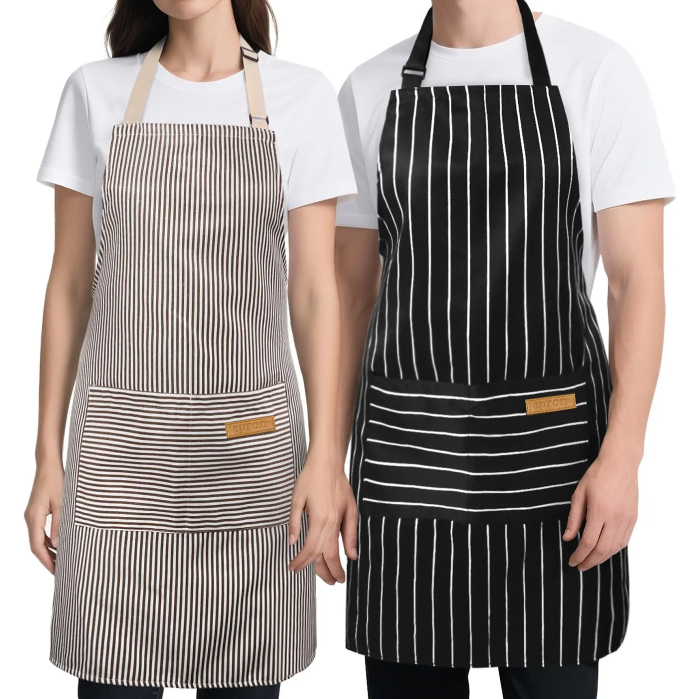 2pcs White Black Striped Man Woman Home Restaurant Kitchen Baking Nail Bib Oil Repellent Work Apron 2 Pockets Adjustable