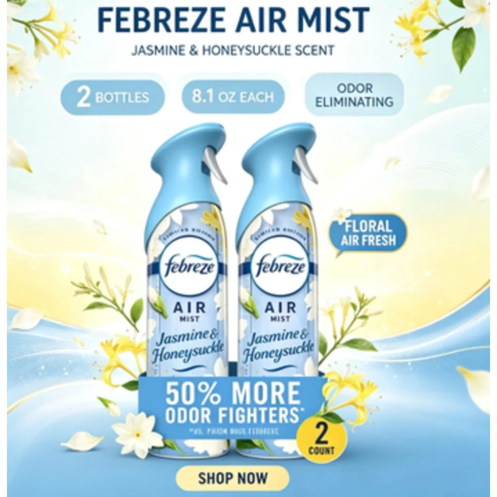 2-Pack Febreze Air Mist Jasmine & Honeysuckle Scent Odor-Eliminating Air Freshener Spray, 8.1 Ounces Per Bottle