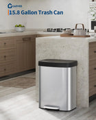 16 Gal/60L Stainless Steel Trash Can with Lid, Step-on Kitchen Garbage Bin, Rustproof Metal, Soft Close, Liner Rim, Rear Handle