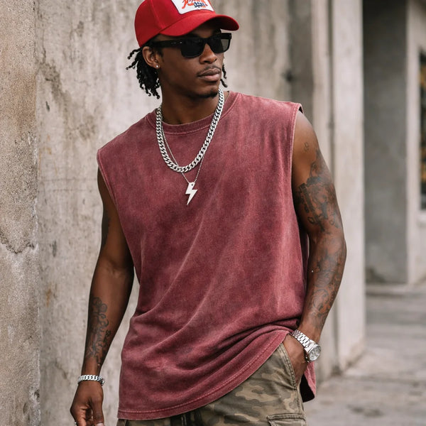 2026 Summer Men Acid Washed Cotton Tank Tops Muscle Sleeveless Workout T Shirts Running Beach Casual Streetwear Loose Fit Tees