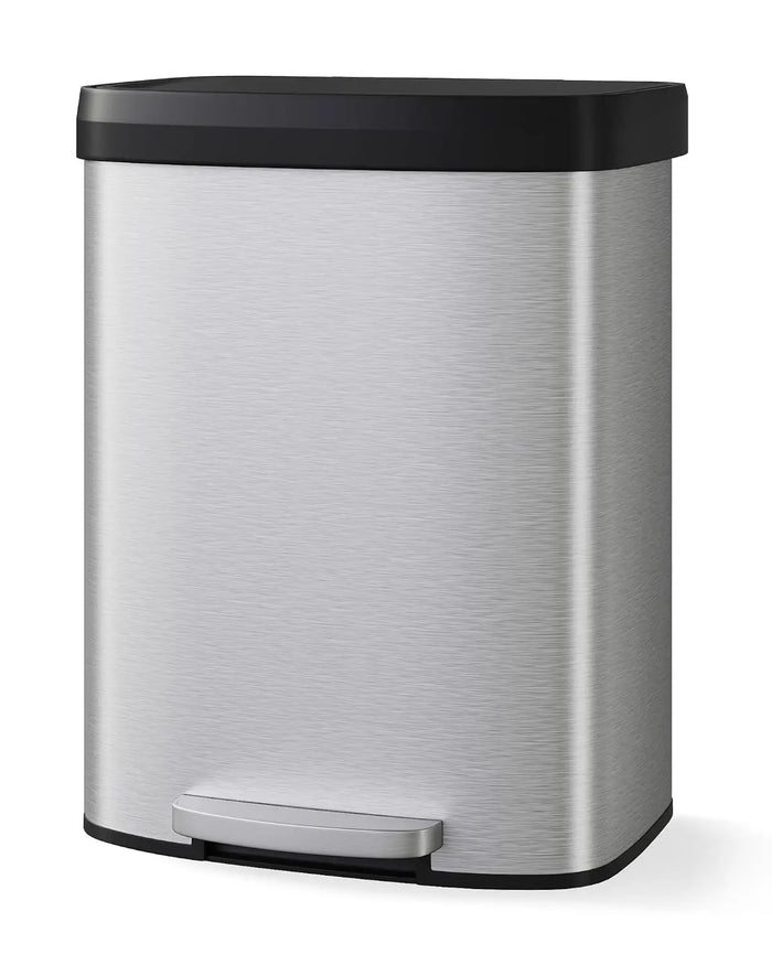 16 Gal/60L Stainless Steel Trash Can with Lid, Step-on Kitchen Garbage Bin, Rustproof Metal, Soft Close, Liner Rim, Rear Handle