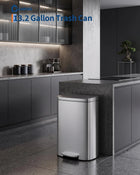 13 Gal / 50 L Step-On Trash Can, Stainless Steel Kitchen Garbage Can with Soft Close Lid, Removable Inner Bucket & Rear Handle for Easy Transport