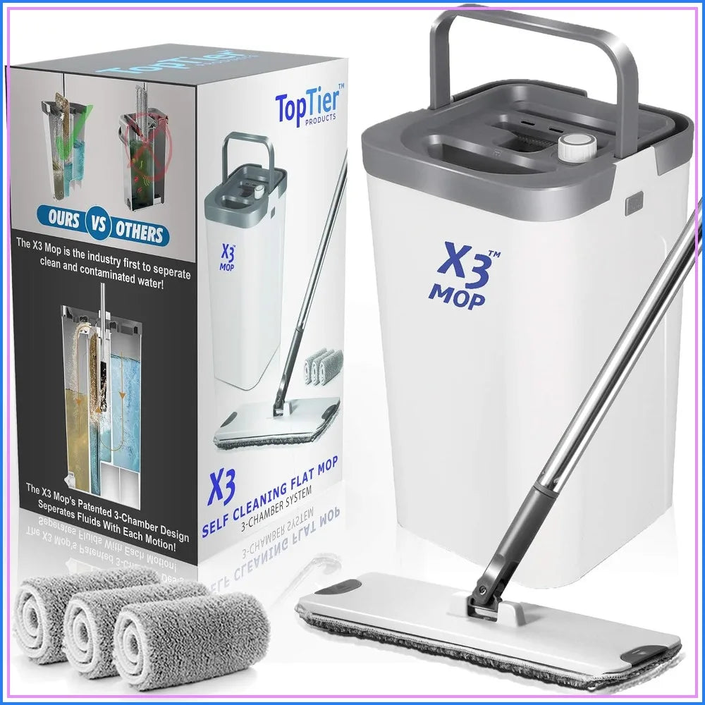3-Chamber Mop Bucket Set, Separates Dirty & Clean Water, Flat Mop with 360° Head, 3 Reusable Microfiber Pads, Wet & Dry Use, Hands-Free Cleaning