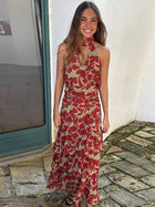 Women's Printed V-Neck Halter Long Dress Suits Bohemian Sleeveless Backless Party Midi Skirt 2026 Summer Fashion Holiday Outfits