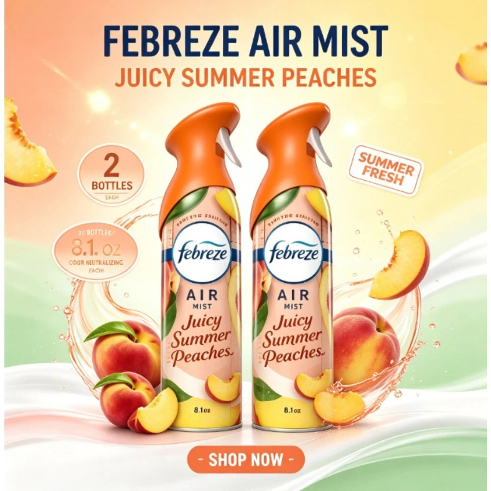 Two-Pack Febreze Juicy Summer Peaches Scent Air Mist Odor Neutralizing Freshener Spray, 8.1 Ounces Each Bottle