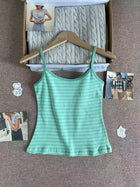 Green Striped Slim Camisole Women Casual Simple All-match Cute Cotton Sleeveless Vests Female Sweet Vintage Chic Tank Tops Y2K