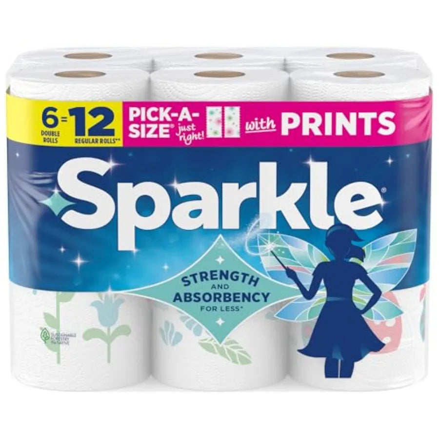 Kitchen cleanup: 2-ply paper towels, white with spirited print, strong absorbency for everyday messes