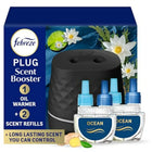 Febreze PLUG Scent Booster Starter Kit, Black, Oil Diffuser, Air Freshener Plug In, Continuous Scent Device + 2 Ocean Refills