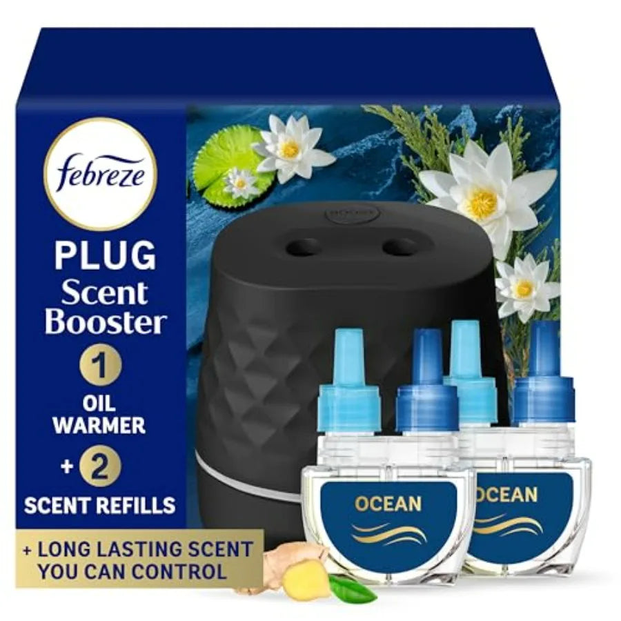 Febreze PLUG Scent Booster Starter Kit, Black, Oil Diffuser, Air Freshener Plug In, Continuous Scent Device + 2 Ocean Refills