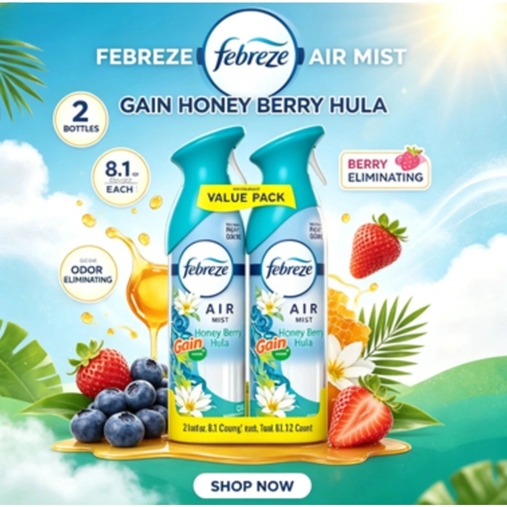 Two-Pack Febreze Gain Honey Berry Hula Scent Air Mist Odor-Eliminating Air Freshener Spray, 8.1 Ounces Each Bottle