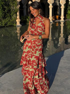 Women's Printed V-Neck Halter Long Dress Suits Bohemian Sleeveless Backless Party Midi Skirt 2026 Summer Fashion Holiday Outfits
