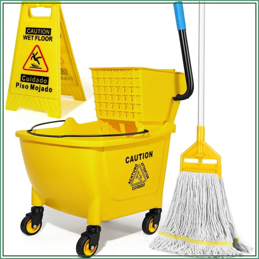 35 Qt Commercial Mop Bucket with Side Press Wringer, Heavy Duty Floor Cleaning Set with Wet Floor Sign, Yellow