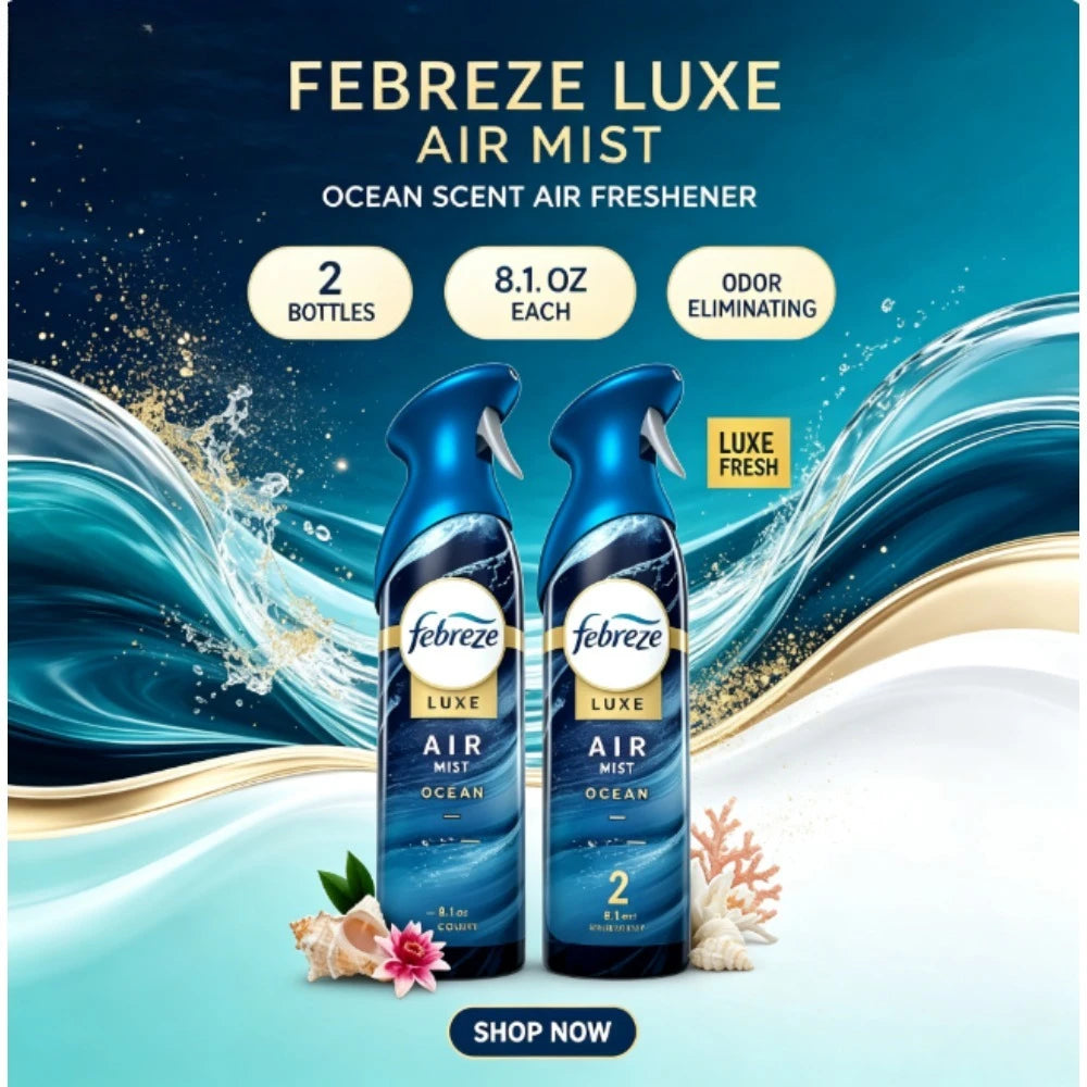 Dual Pack Febreze Luxe Ocean Scent Air Mist Spray, Premium Odor-Eliminating Air Freshener, 8.1 Ounces Each