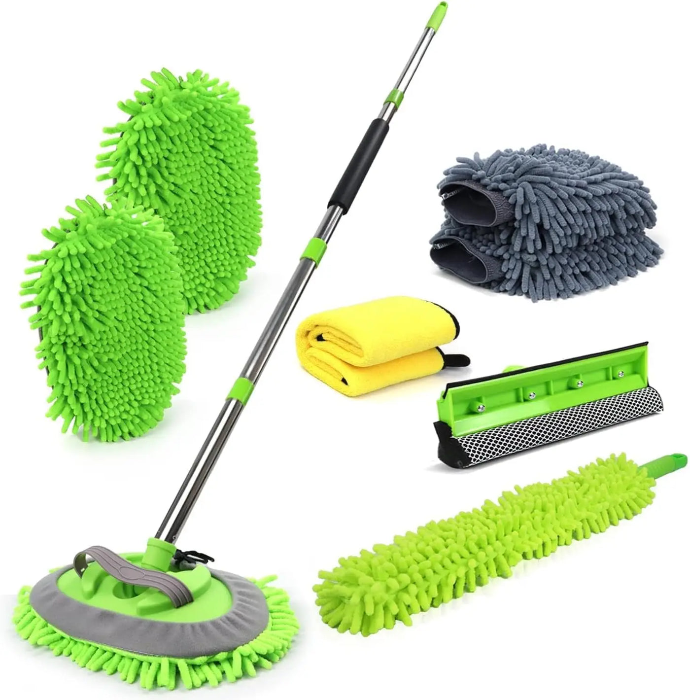 62'' Car Wash Brush with Long Handle, 11PCS Car Cleaning Kit with Mop Mitt, Microfiber Duster, Squeegee, Towels & Gloves for