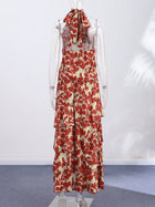 Women's Printed V-Neck Halter Long Dress Suits Bohemian Sleeveless Backless Party Midi Skirt 2026 Summer Fashion Holiday Outfits