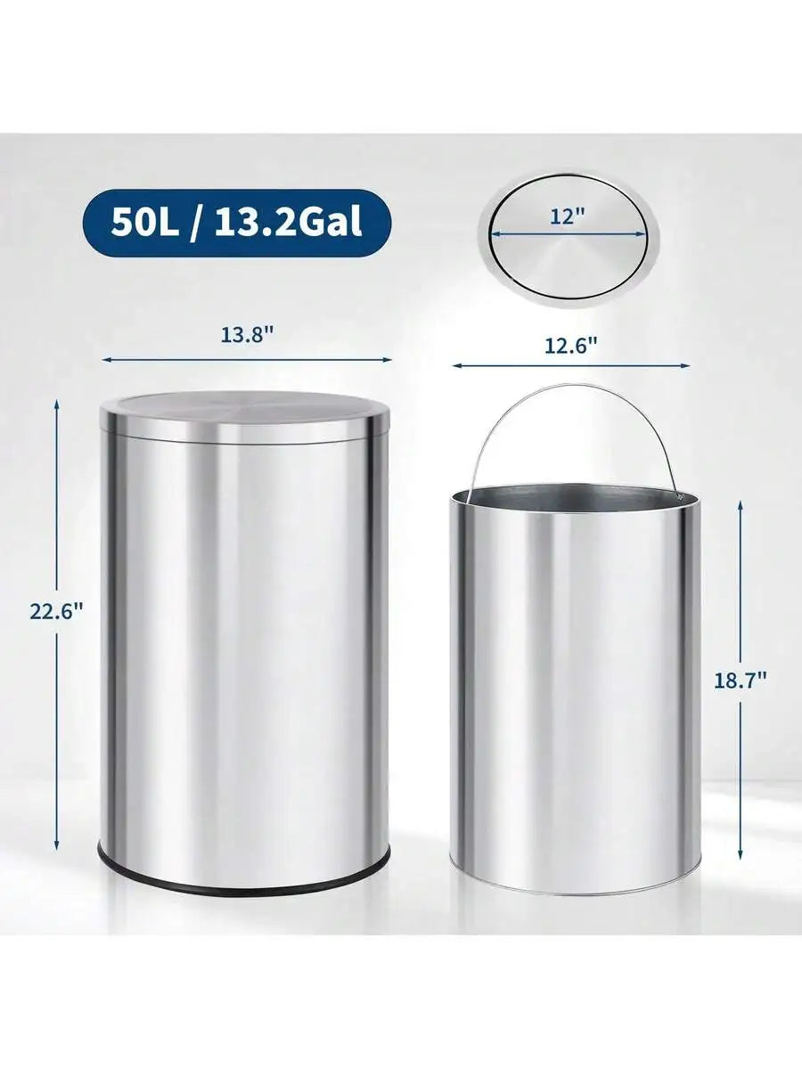 50L Stainless Steel Trash Can With Flip Lid And Removable Inner Bucket For Kitchen Home Office