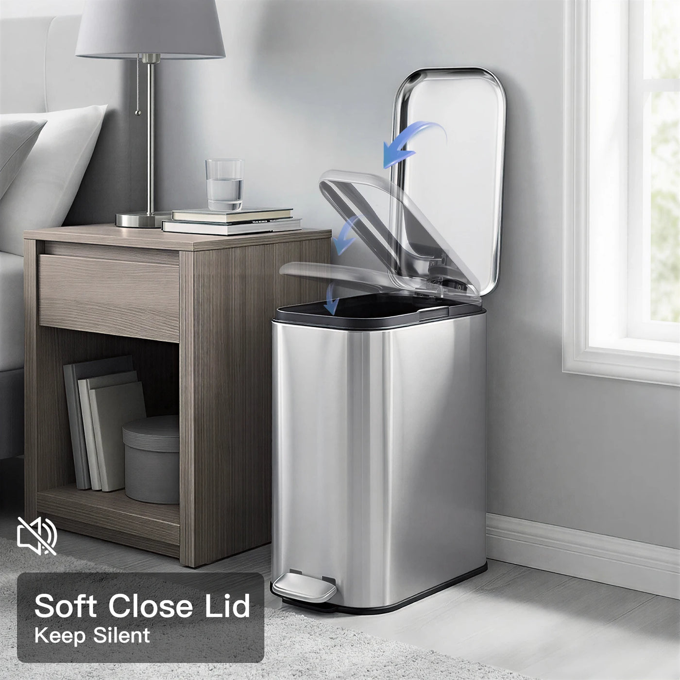 Slim Trash Can with Lid, 5L / 12L Stainless Steel Step Garbage Can for Bathroom, Kitchen and Office, Soft Close Narrow Waste Bin with Removable Inner Bucket