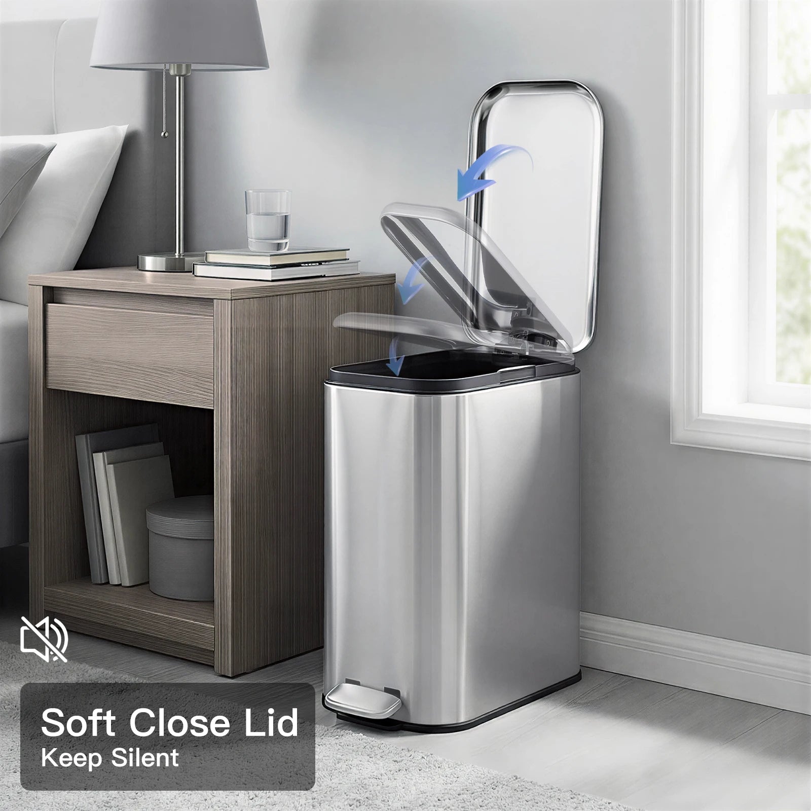 Slim Trash Can with Lid, 5L / 12L Stainless Steel Step Garbage Can for Bathroom, Kitchen and Office, Soft Close Narrow Waste Bin with Removable Inner Bucket