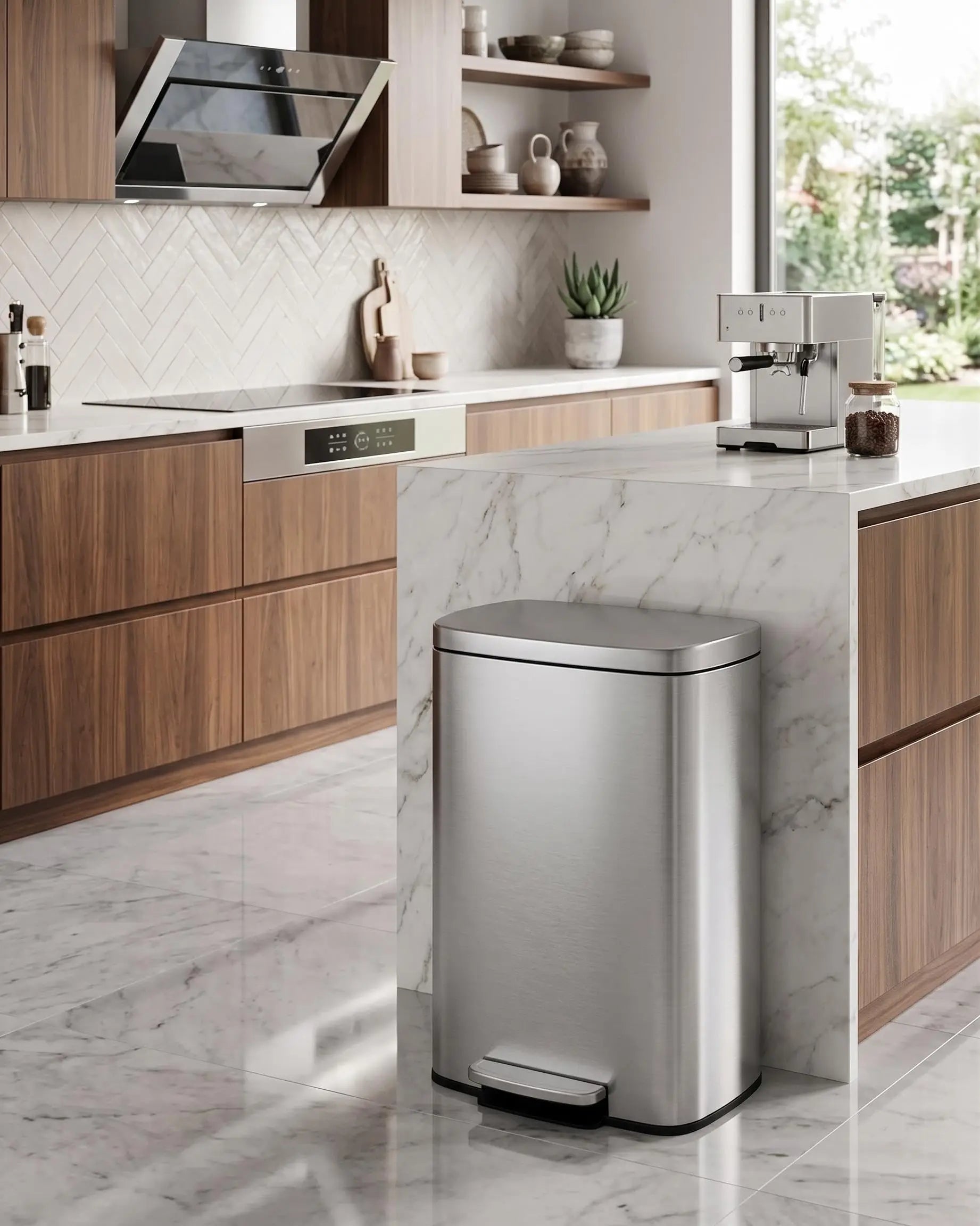 13 Gal / 50 L Step-On Trash Can, Stainless Steel Kitchen Garbage Can with Soft Close Lid, Removable Inner Bucket & Rear Handle for Easy Transport