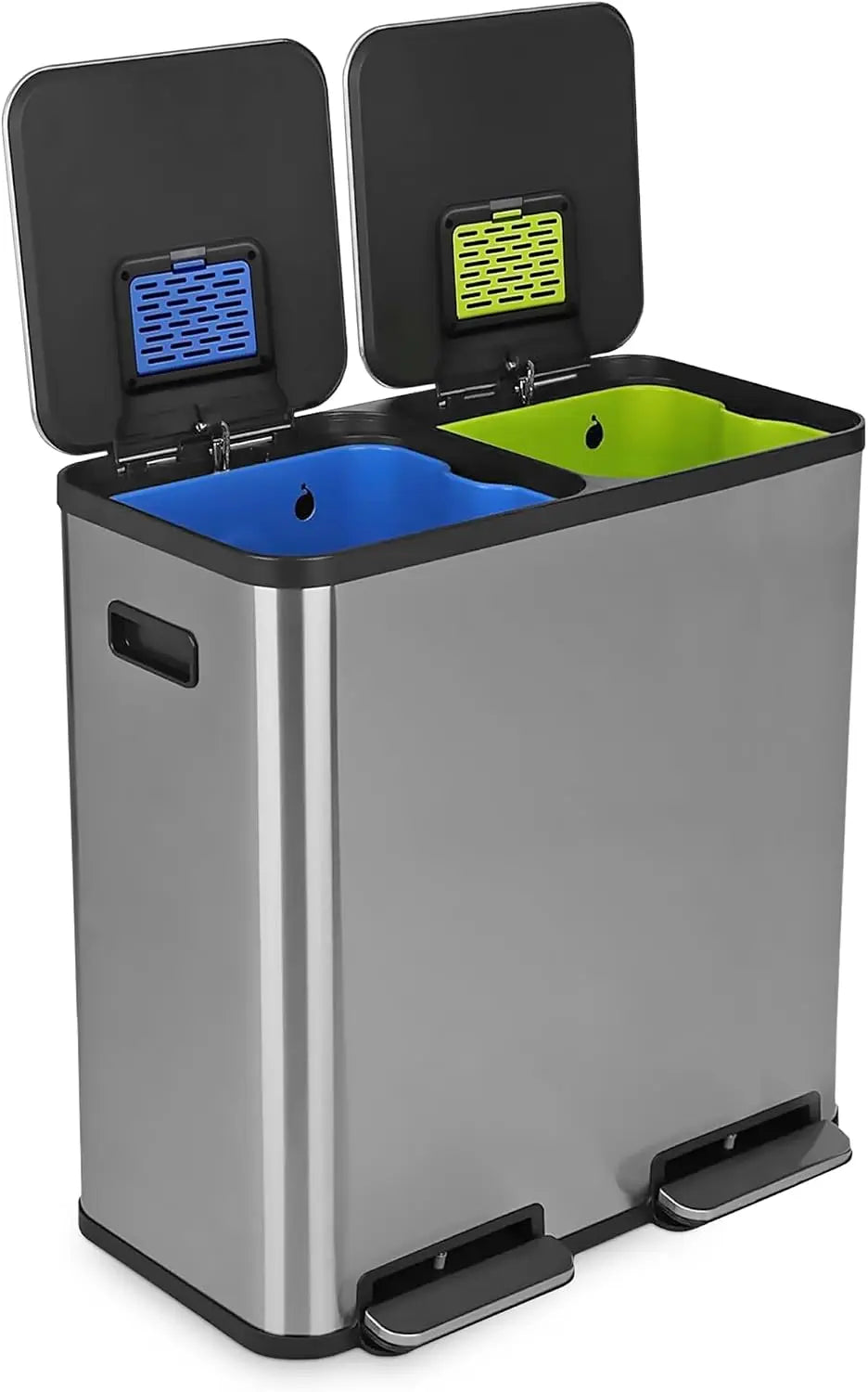 21 Gallon 80L Dual Compartment Stainless Steel Kitchen Trash Can Hands Free Step Pedal Bin Soft Close Lid with Odor Filter 40L+40L Recycling Bin for Home Kitchen