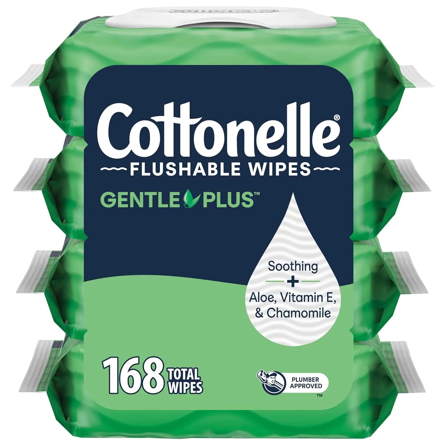 Flushable Wet Wipes with Aloe & Vitamin E, 4 Flip-Top Packs, 42 Wipes Each, 168 Total, Gentle & Moisturizing
