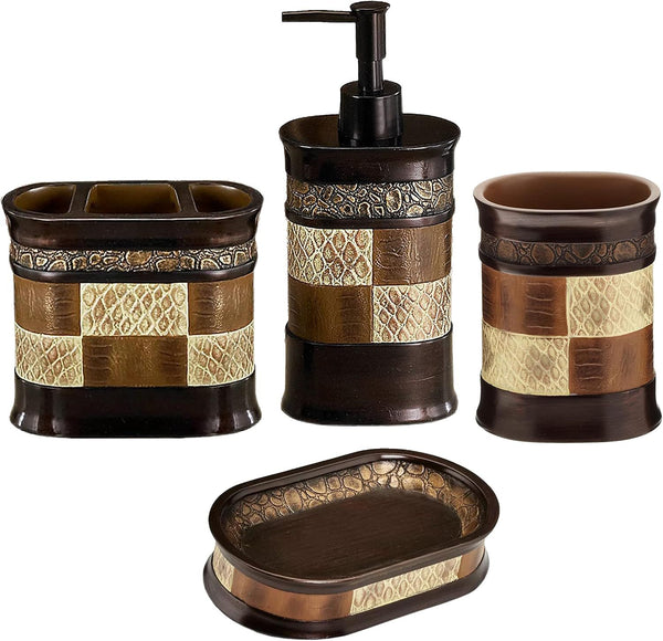 Home 4pc Zambia Stylish Bathroom Accessories Set Soap Pump, Tumbler, Tooth Brush Holder and Soap Dish Modern Classic Luxury Contemporary Decor Unique Design Animal Western Bath Set